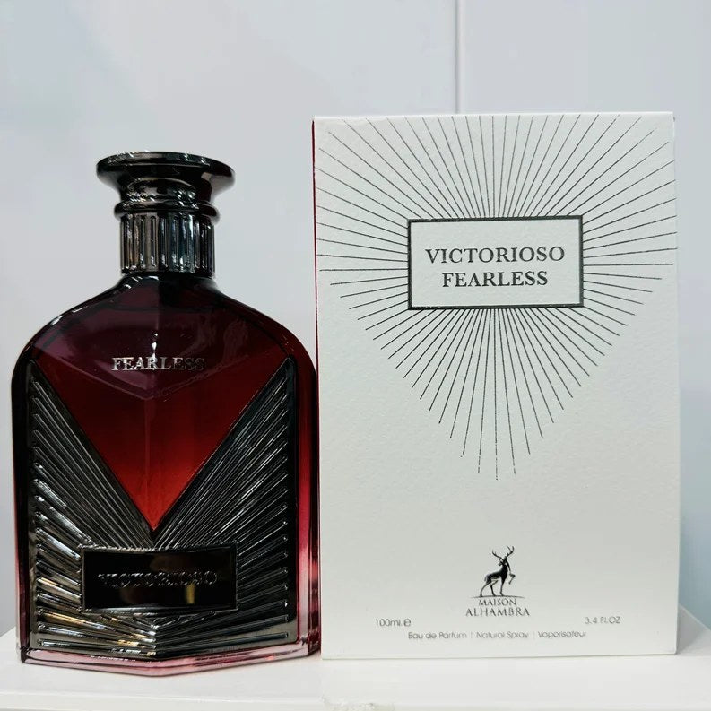 Victorioso Fearless Eau De Parfum Spray 100ML (3.4 OZ) by Maison Alhambra | A Warm, Spicy Blend of Fruit, Florals, and Woods for Cozy Elegance.
