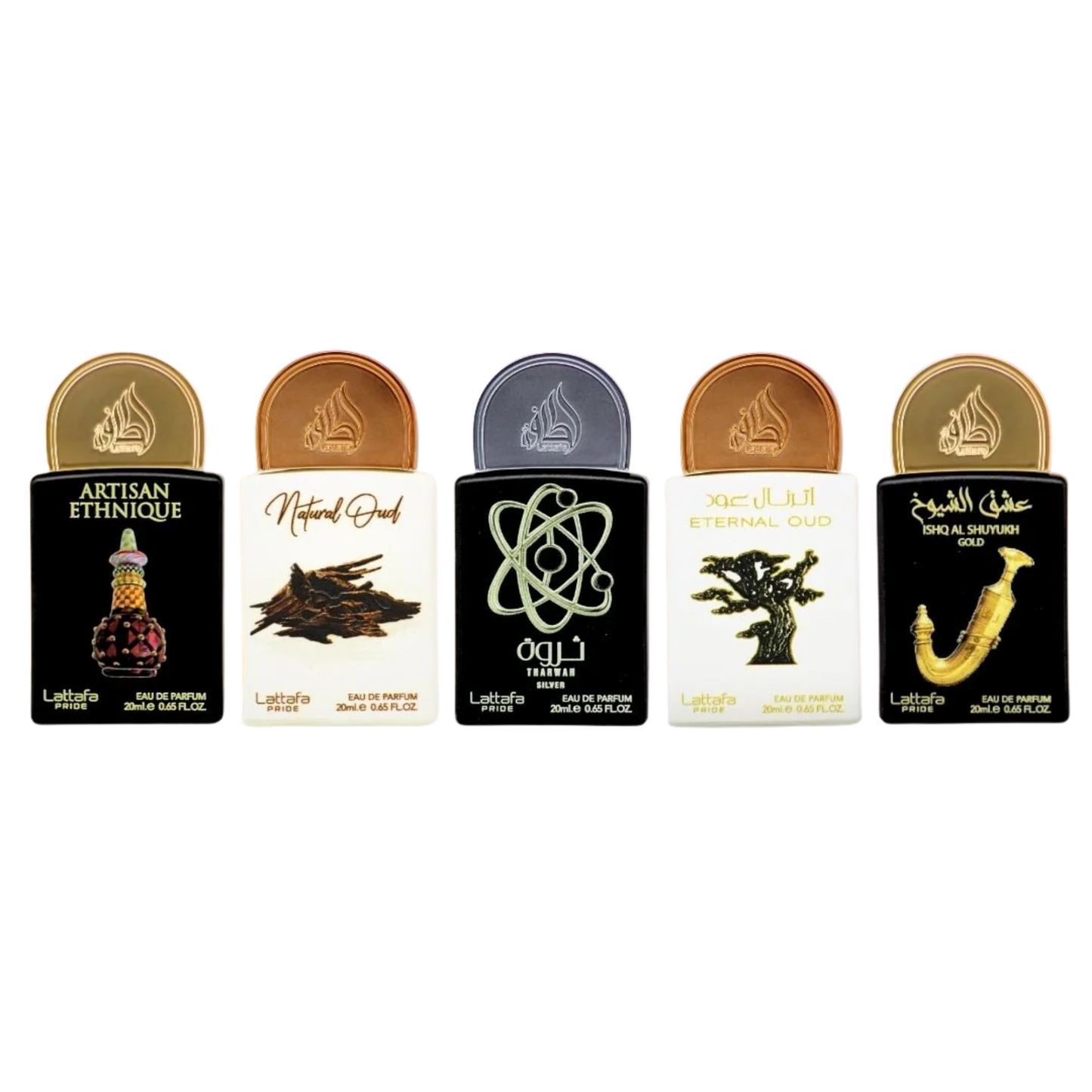 Lattafa Pride Collection No 2 Gift Set (Artisan Ethnique + Natural Oud + Tharwah Silver + Ethernal Oud + Ishq Al Shuyukh) 5 x 20 ml Eau De Parfum